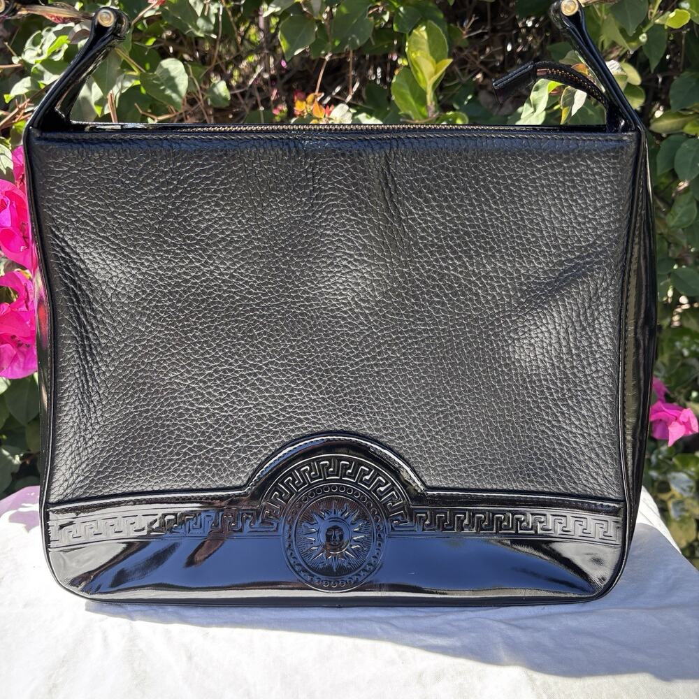 Gianni Versace Pebbled & Patent Leather Sun Shoulder Bag Black - Picture 2 of 15